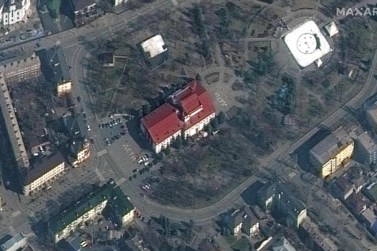 A satellite image shows Mariupol Drama Theatre before bombing