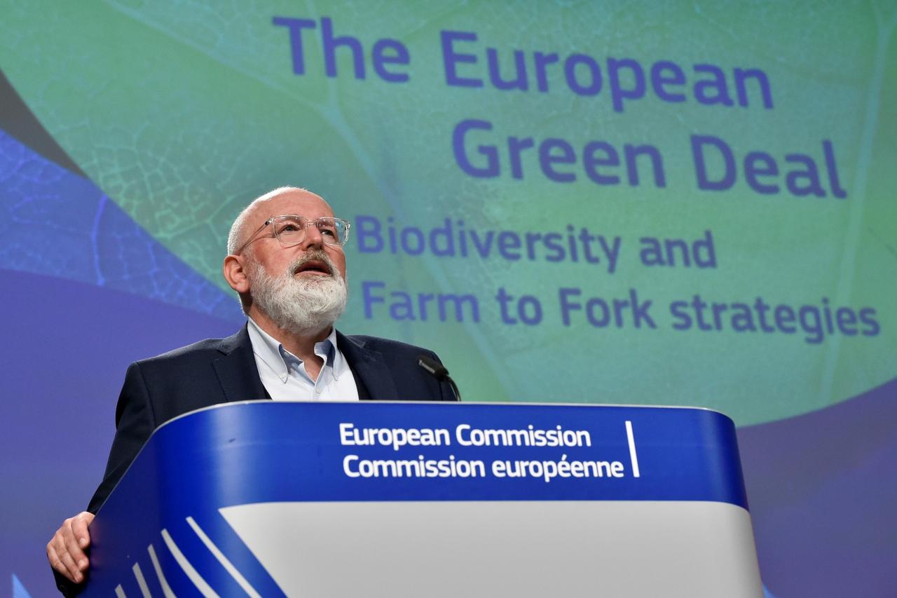 European Commission Vice President Frans Timmermans delivers a speech during a press conference on the European Green Deal Biodiversity and Farm to Fork Strategies in Brussels