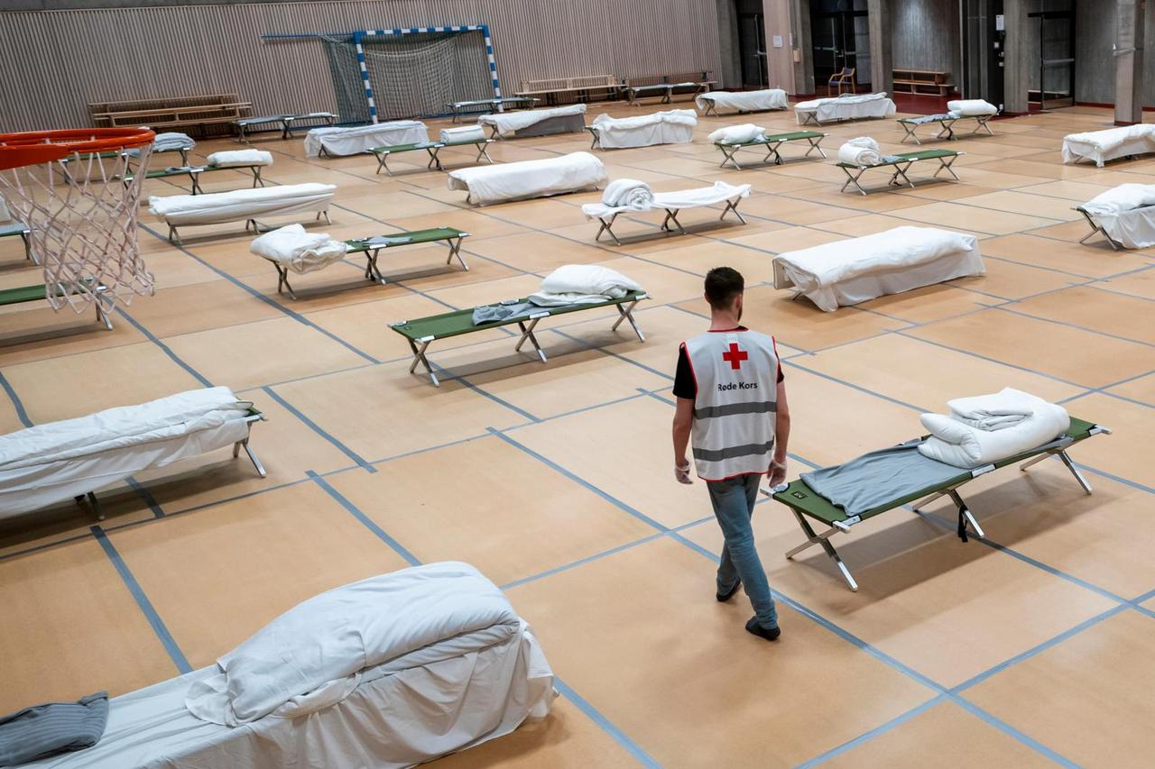 Beds for the homeless in the gym of Uranienborg School in Oslo