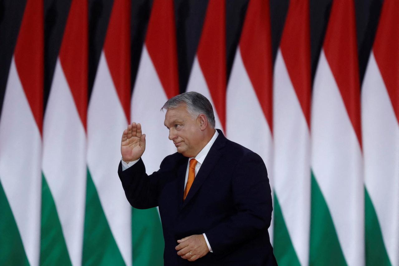 Hungarian Prime Minister Orban gestures during the Fidesz party congress in Budapest