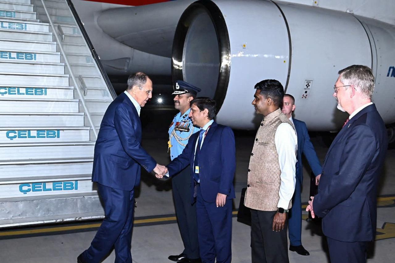 Russia's Foreign Minister Lavrov is welcomed upon his arrival in New Delhi