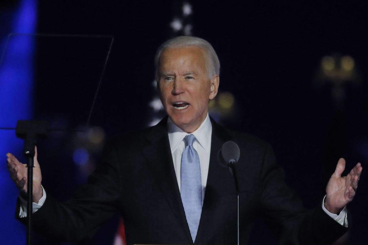 Democratic 2020 U.S. presidential nominee Joe Biden speaks at his election rally in Wilmington