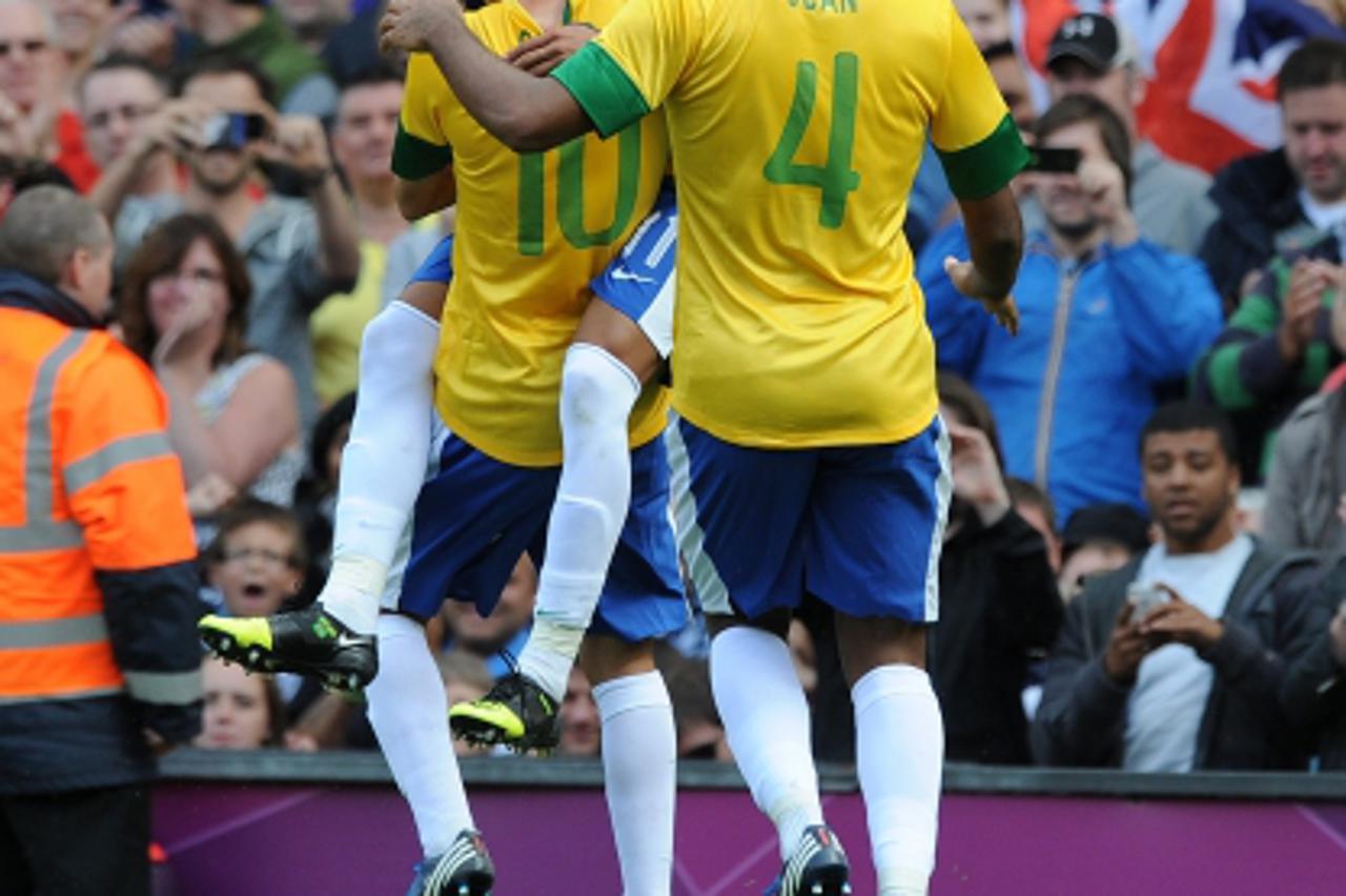 'WORLD RIGHTS , NO UK, NO CHINA  Neymar celebrates scoring the second goal during the Brazil v Belarus (3-1) game at Old Trafford for the 2012 London Olympics in Manchester, UK 29/07/2012  BYLINE BIGP