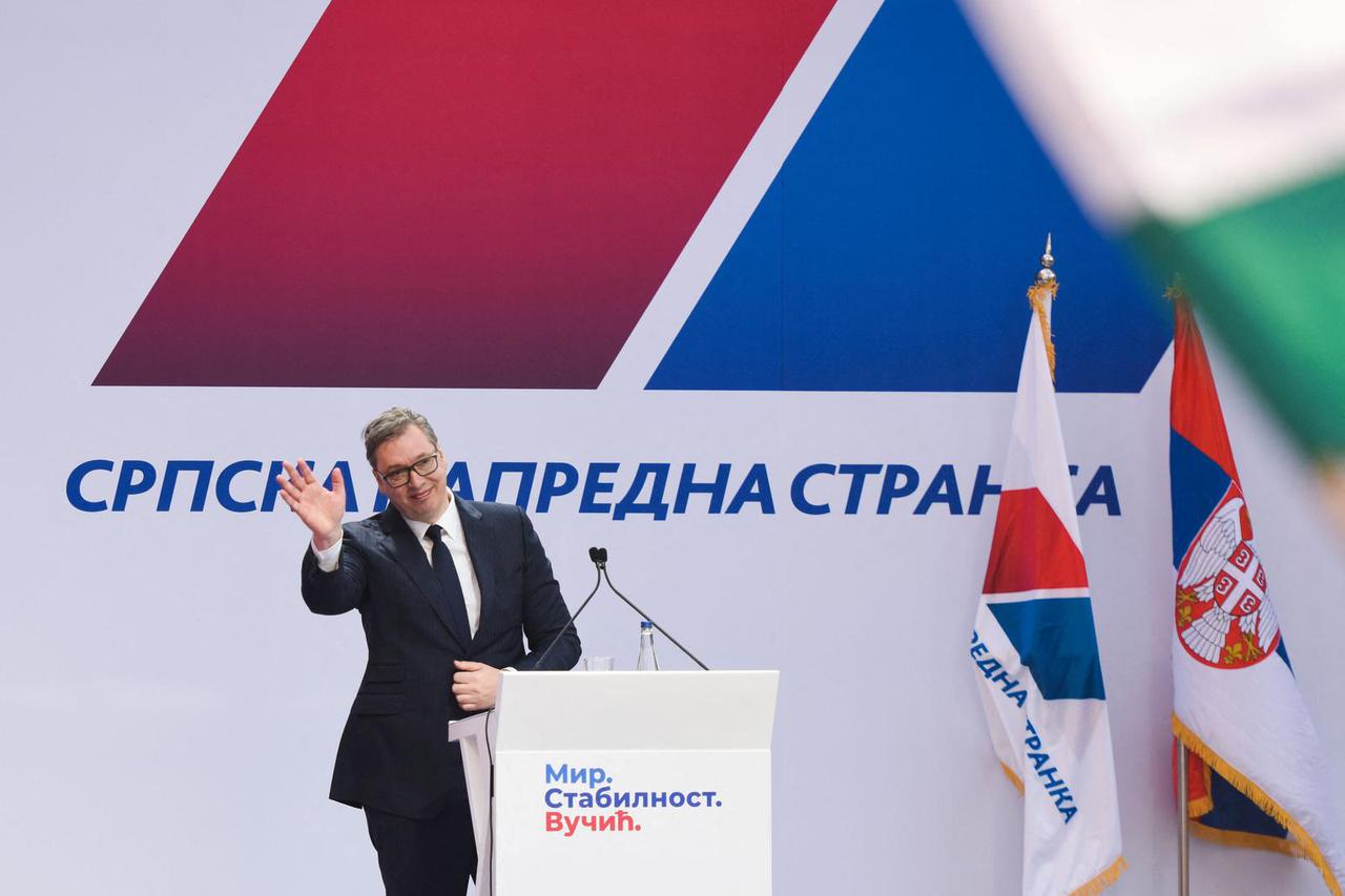 Aleksandar Vucic the presidental candidate of the ruling SNS party (Serbian Progressive Party) waves to his supporters