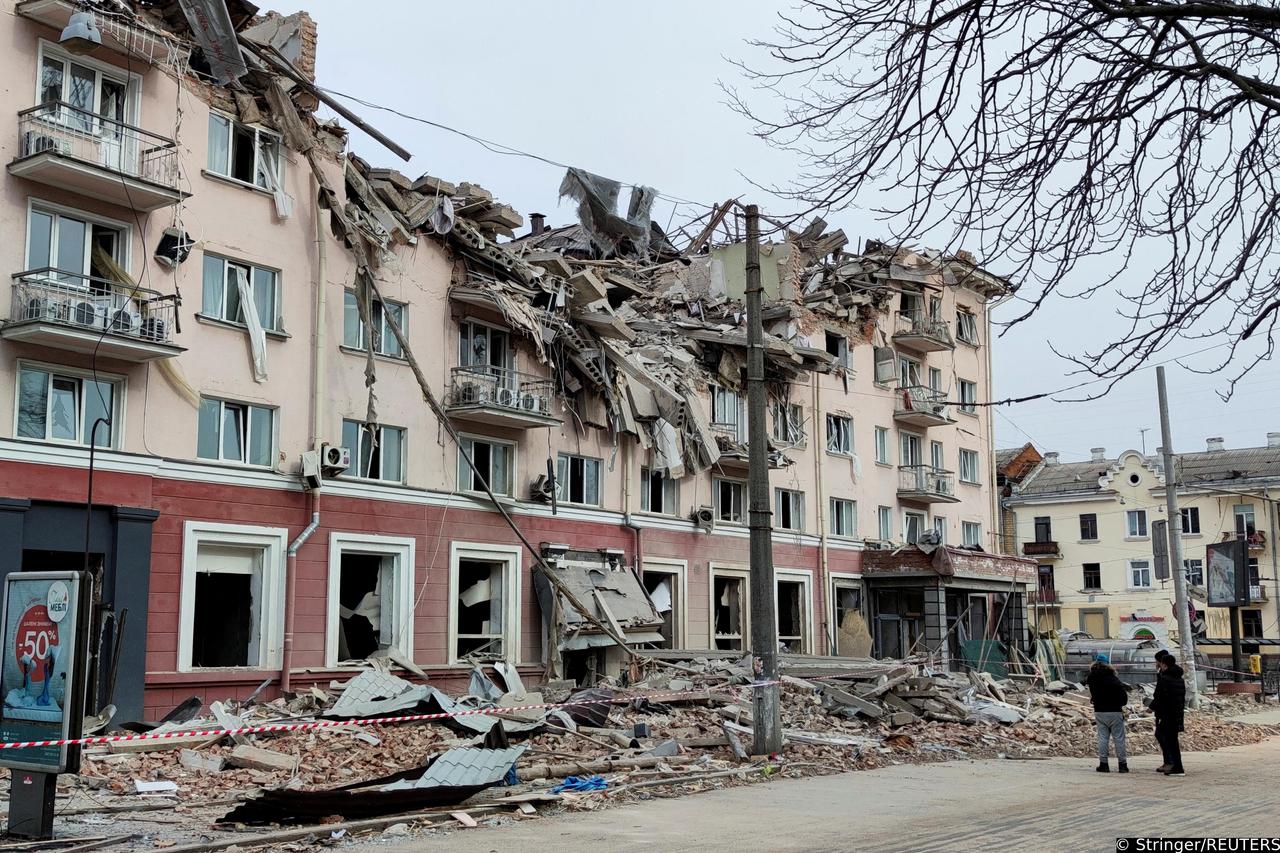 A view shows hotel ‘Ukraine’ destroyed during an air strike in central Chernihiv