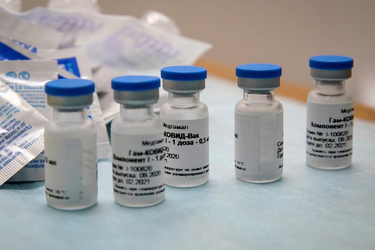 FILE PHOTO: Bottles with Russia's "Sputnik-V" vaccine against the coronavirus disease (COVID-19) are seen before inoculation at a clinic in Tver