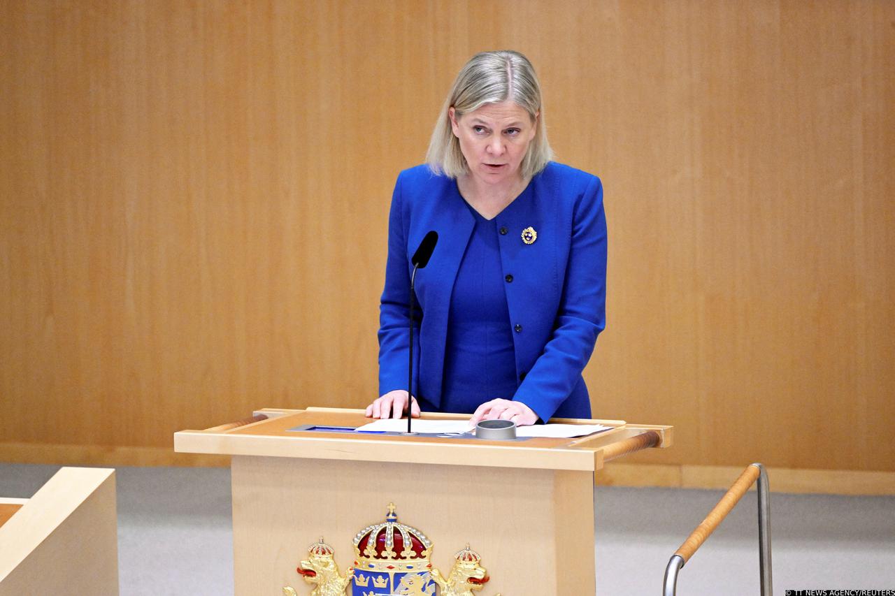 Sweden's Prime Minister Magdalena Andersson speaks during the parliamentary debate on a Swedish NATO membership, in Stockholm