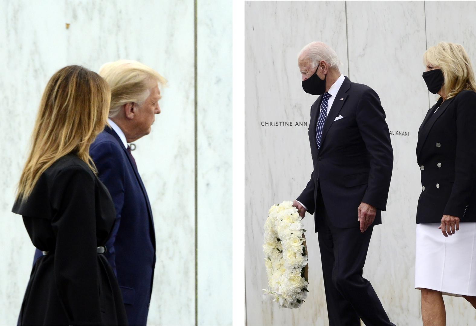 In this combo photo, the two candidates for President of the United States visit the Wall of Names at the Flight 93 National Memorial for the 19th observance of the terrorist attacks on America on Friday, September 11, 2020, near Shanksville, Pennsylvania.   President Donald Trump left is maskless while former Vice President Joe Biden wears a mask as he places a wreath.  Nearly 200,000 Americans have died due to COVID-19.    Photo by Archie Carpenter/UPI Photo via Newscom Newscom/PIXSELL