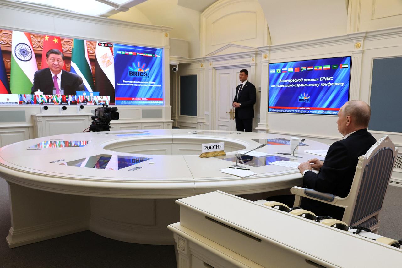 Russian President Putin takes part in an extraordinary BRICS summit via video link in Moscow