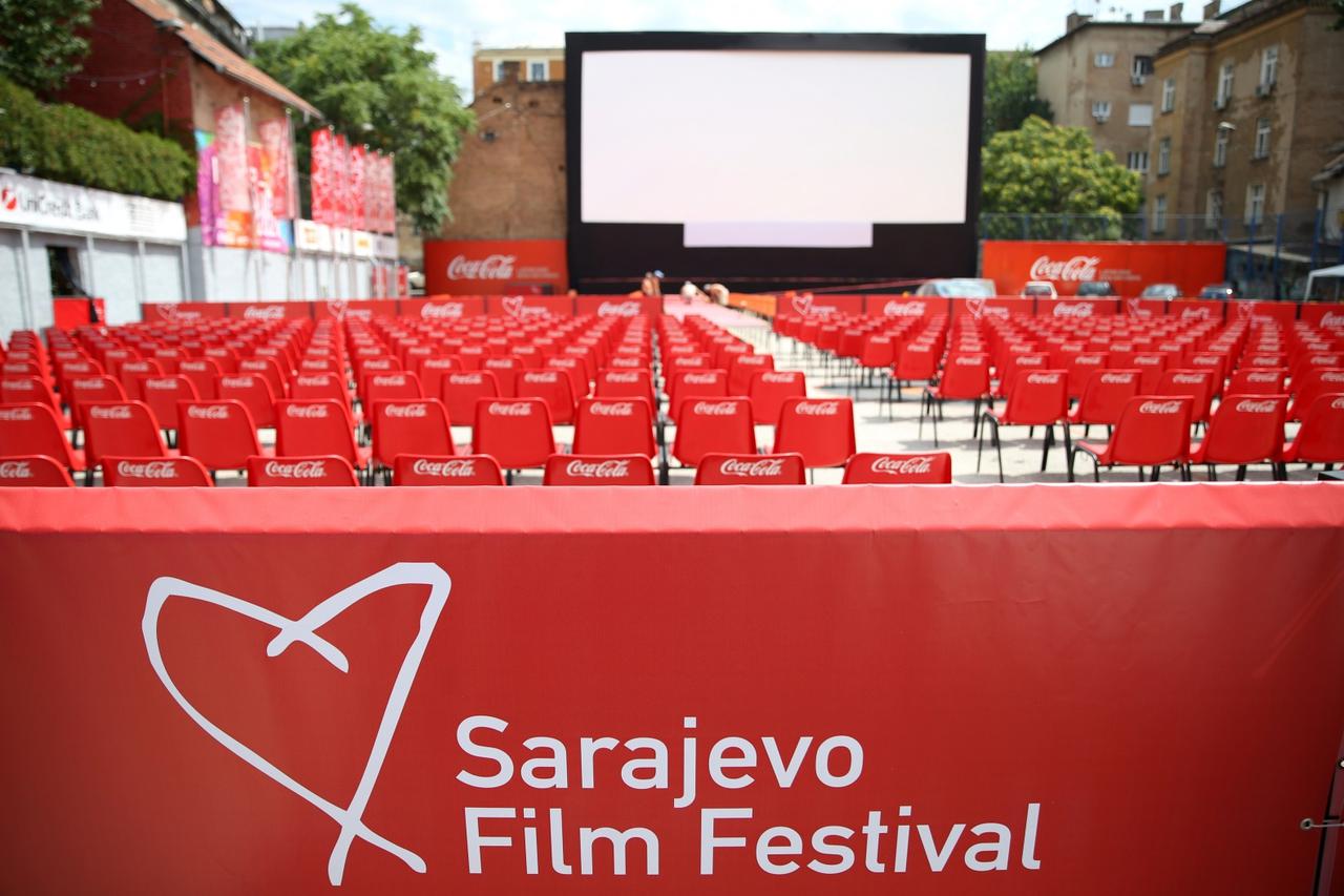 A logo of Sarajevo Film Festival is pictured at Open Air Cinema in Sarajevo