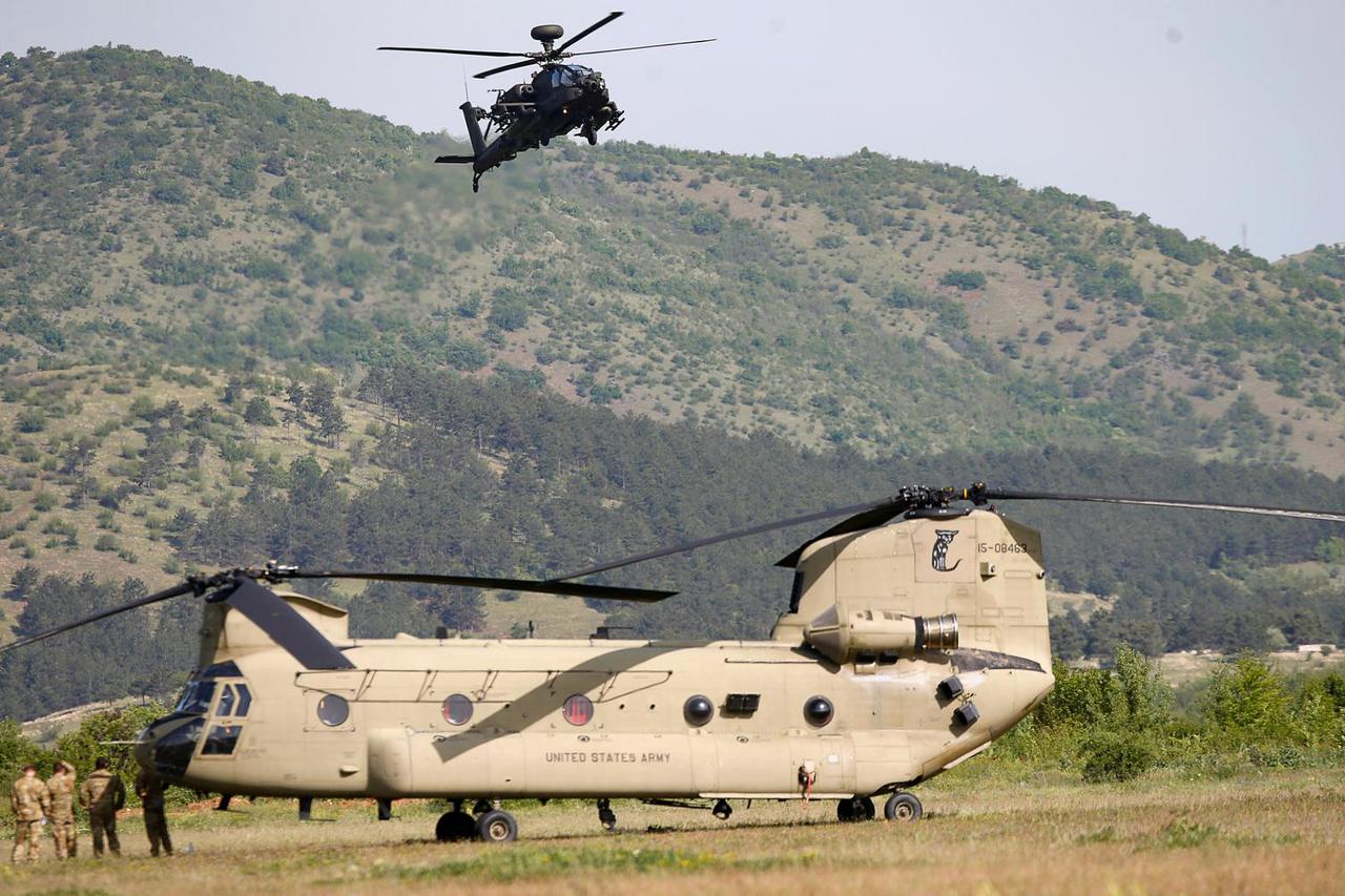 U.S., British, and Macedonian military aircrafts are displayed during air show, in Skopje