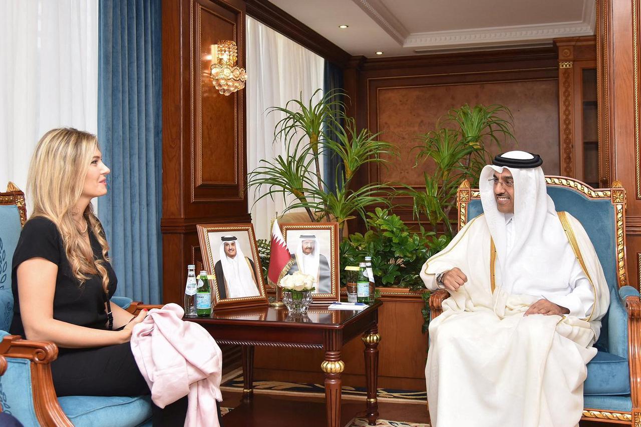 Al Marri, Qatar's minister of labour, meets with Kaili, VP of European Parliament, during a meeting in Qatar
