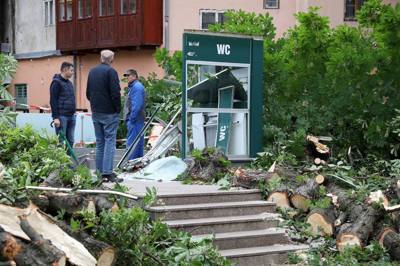 Zagreb: Tijekom noći zbog jakog vjetra palo stablo na ulaz u javni WC u Cesarčevoj