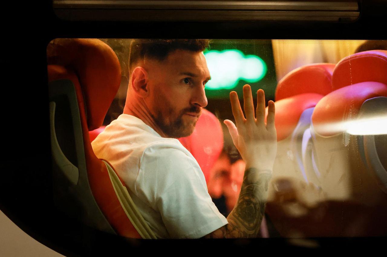 Argentina's Lionel Messi in the team bus after training