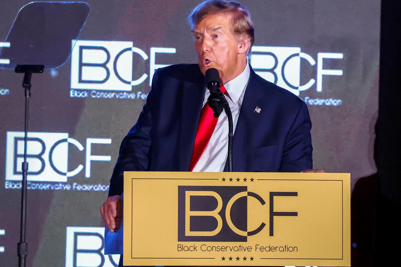 FILE PHOTO: Former U.S. President Trump delivers a keynote speech at the Black Conservative Federation gala dinner, in Columbia, South Carolina