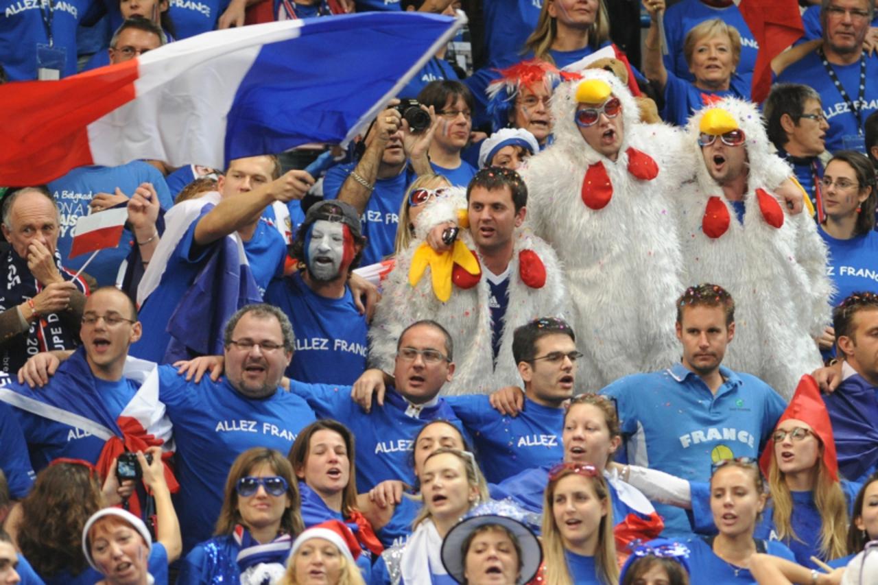\'French fans cheer during play between France\'s Gael Monfils and  Serbia\'s Janko Tipsarevic during the singles Davis Cup tennis match finals between Serbia and France, at Belgrade Arena on December