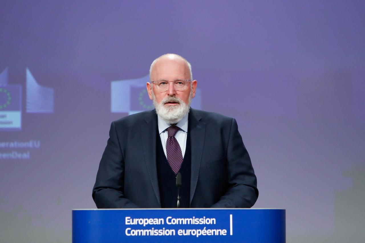 European Commission vice-president in charge of European Green Deal, Frans Timmermans, speaks during a news conference on Green and Just Recovery at the European Commission headquarters in Brussels