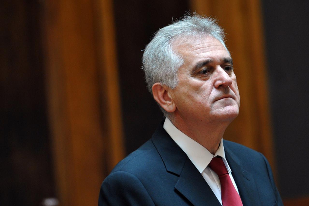'The new Serbian President Tomislav Nikolic gives a press conference at the National assembly building in Belgrade on May 31, 2012.  Tomislav Nikolic, sworn in as Serbian president Thursday, said he w