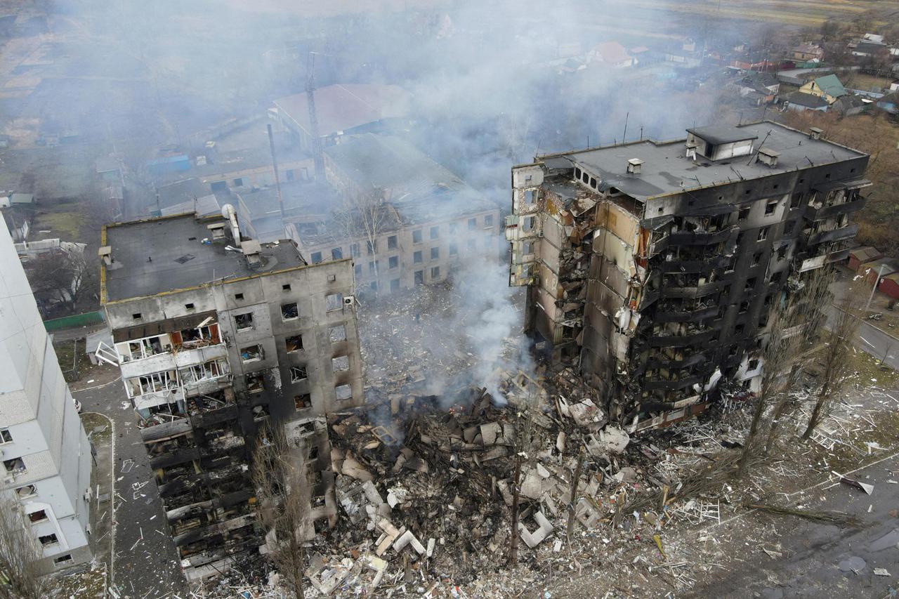 FILE PHOTO: An aerial view shows a residential building destroyed by shelling in Borodyanka