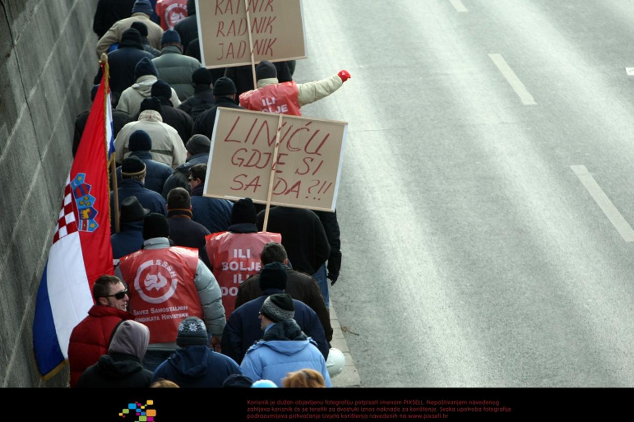 '31.01.2012., Zagreb - Radnici tvrtke Dioki i Dalmacijavino prosvjeduju ispred Ministarstva poljoprivrede. Photo: Sanjin Strukic/PIXSELL'