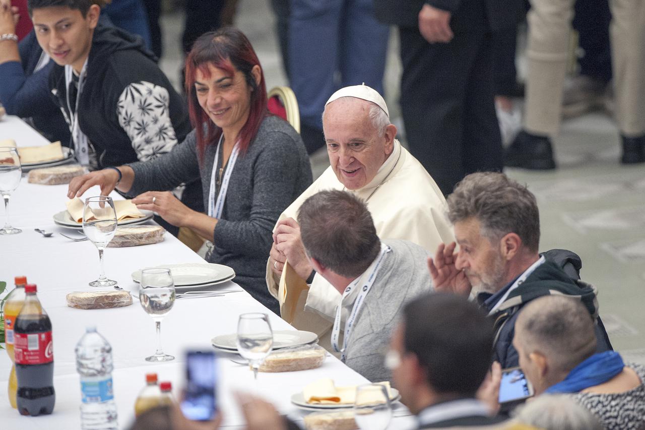 November 17, 2019 : Pope Francis attends a lunch with the poor after celebrating a Mass marking the Roman Catholic Church's World Day of the Poor, in Paul VI Hall at the Vatican