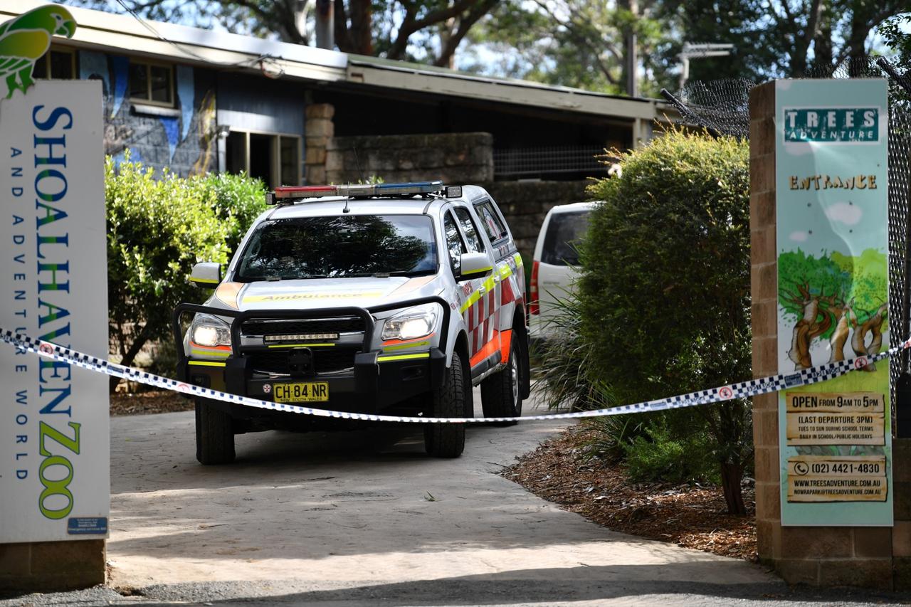 An ambulance is seen leaving the Shoalhaven Zoo, where a worker was wounded in a lion attack, in Nowra