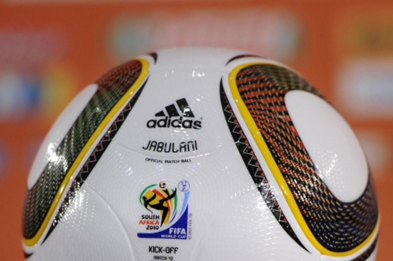 'Picture of a Jabulani ball for the 2010 World Cup Group F football match between Paraguay and New Zealand to be held on June 24, 2010 taken before the start of a press conference by Paraguay\'s coach