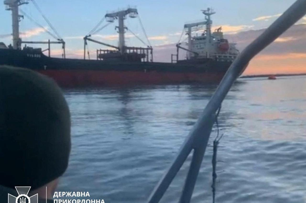 View shows a Panama-flagged bulk carrier in Odesa region