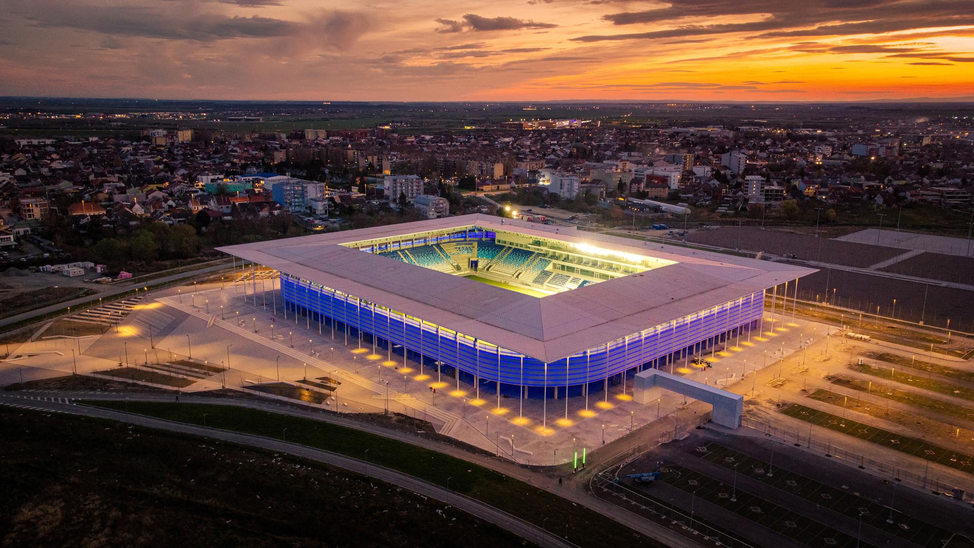 24.03.2023., Osijek - Pogled iz zraka na osvijetljeni novi stadion NK Osijeka na Pampasu. Photo: Davor Javorovic/PIXSELL