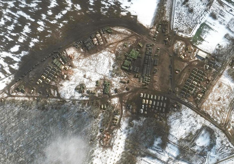 A satellite image shows a new deployment, material support and troops, near Belgorod
