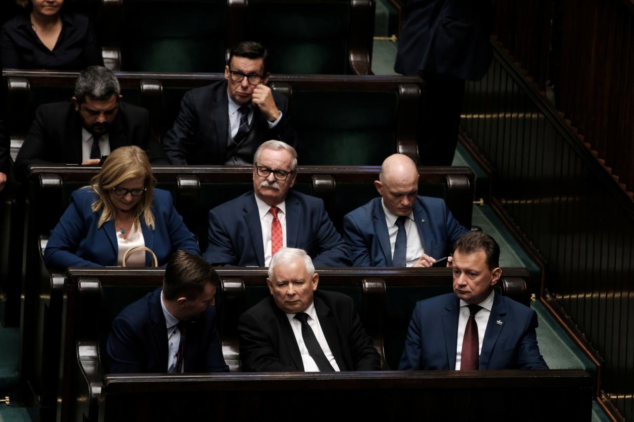 Law and Justice (PiS) leader Jaroslaw Kaczynski and other parliamentarians attend the Polish Parliament session in Warsaw
