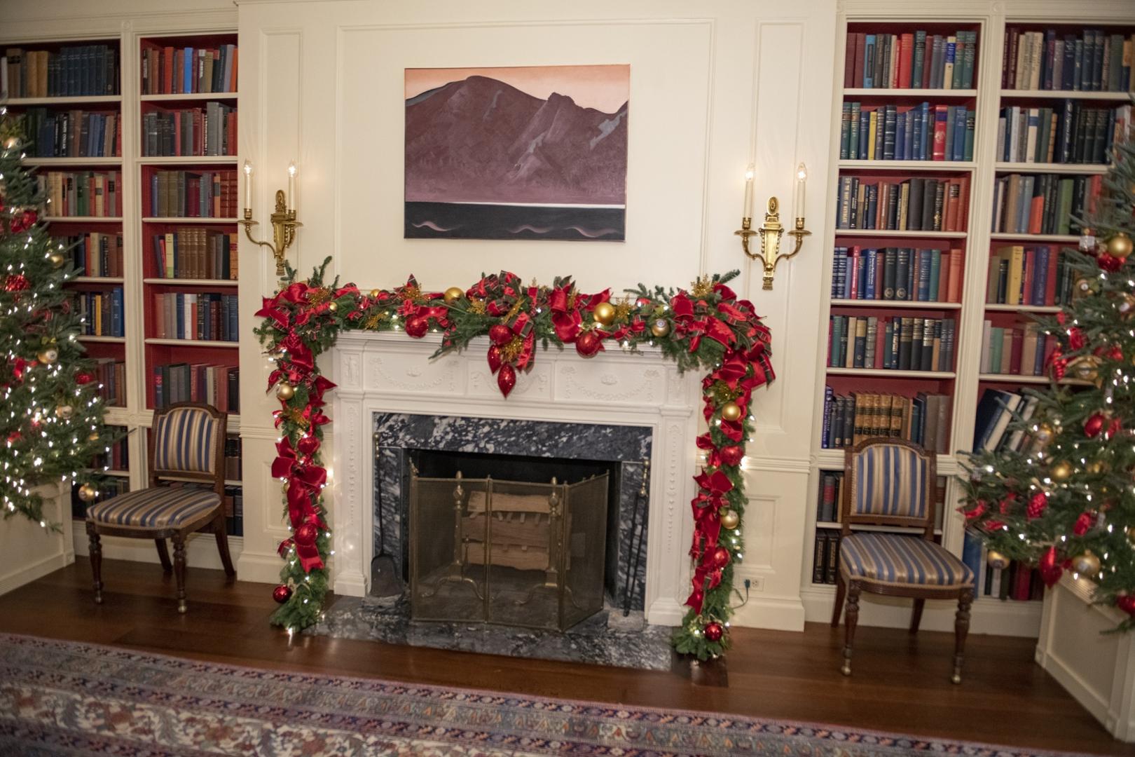 Prva dama neke je ukrasila plavim mašnama i lampicama, a s božićnih drvca postavljenih oko portreta Abrahama Lincolna vise bijeli ornamenti sa zlatnim orlom na vrhu. Oko njih su postavljeni veliki buketi koje čini sitno bijelo cvijeće. 