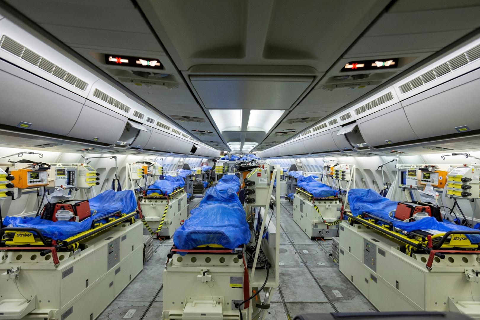 German air force Airbus A-310 Medivac A Bundeswehr handout photo shows the interior of their German air force Airbus A-310 "Medivac" before its departure to Bergamo, in Cologne, Germany, March 28, 2020, as the spread of the coronavirus disease (COVID-19) continues.     Bundeswehr/Kevin Schrief/Handout via Reuters ATTENTION EDITORS - THIS IMAGE HAS BEEN SUPPLIED BY A THIRD PARTY. NO RESALES. NO ARCHIVES. Bundeswehr/Kevin Schrief