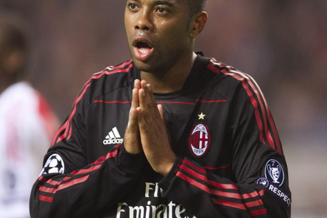 'AC Milan's Robinho reacts against Ajax Amsterdam during their Champions League Group G soccer match in Amsterdam September 28, 2010. REUTERS/Toussaint Kluiters/United Photos (NETHERLANDS - Tags: SPO