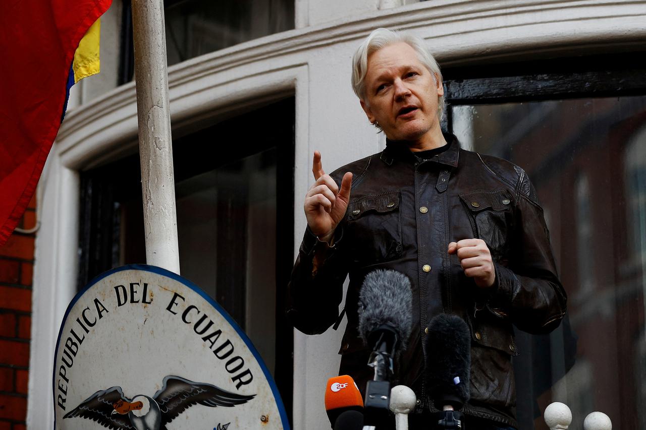 FILE PHOTO: WikiLeaks founder Julian Assange is seen on the balcony of the Ecuadorian Embassy in London
