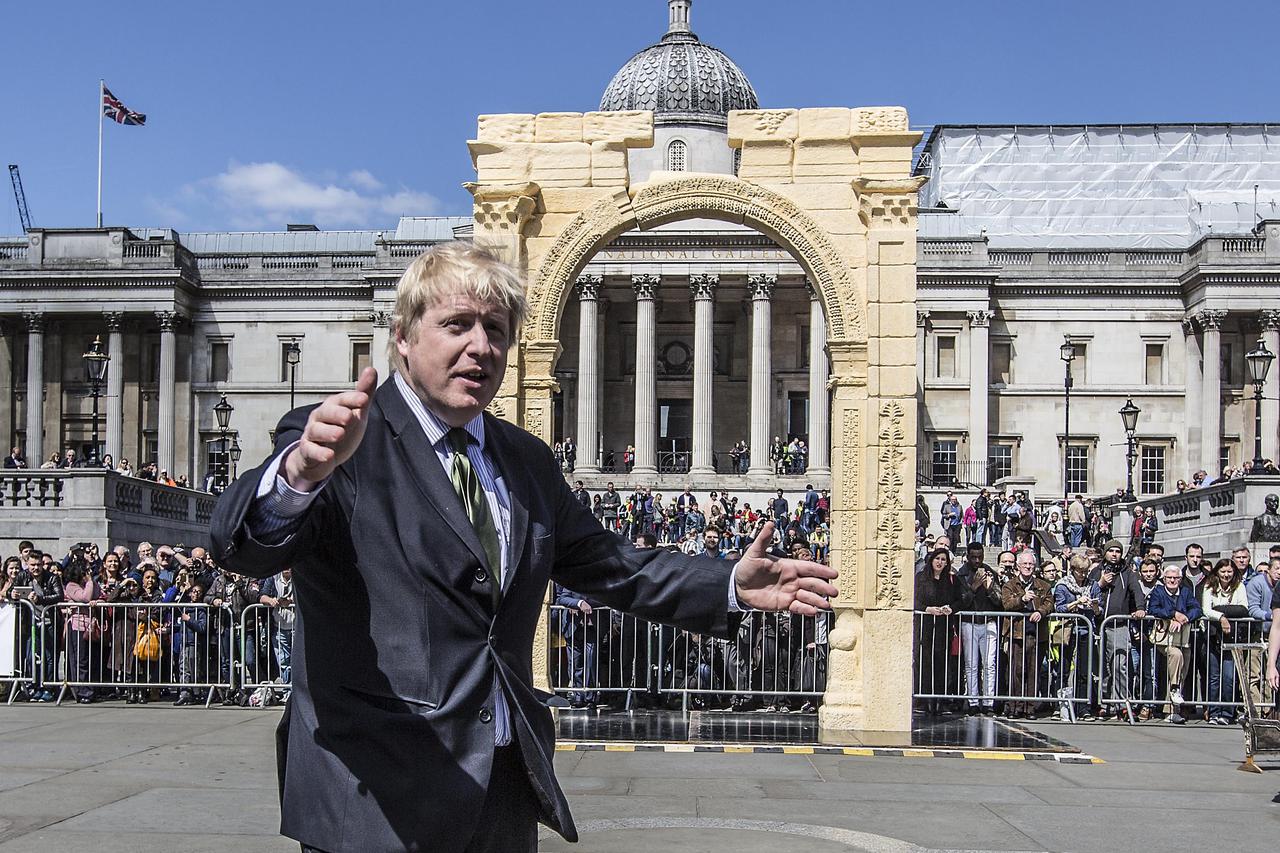 Mayor of London Boris Johnson unveils a replica of Palmyra's Arc of Triumph in Trafalgar Square, London. The original arch was built 1800 years ago to welcome the Roman Emperor Septimius Severus to Palmyra. It was destroyed by Islamic militants in Syria. 