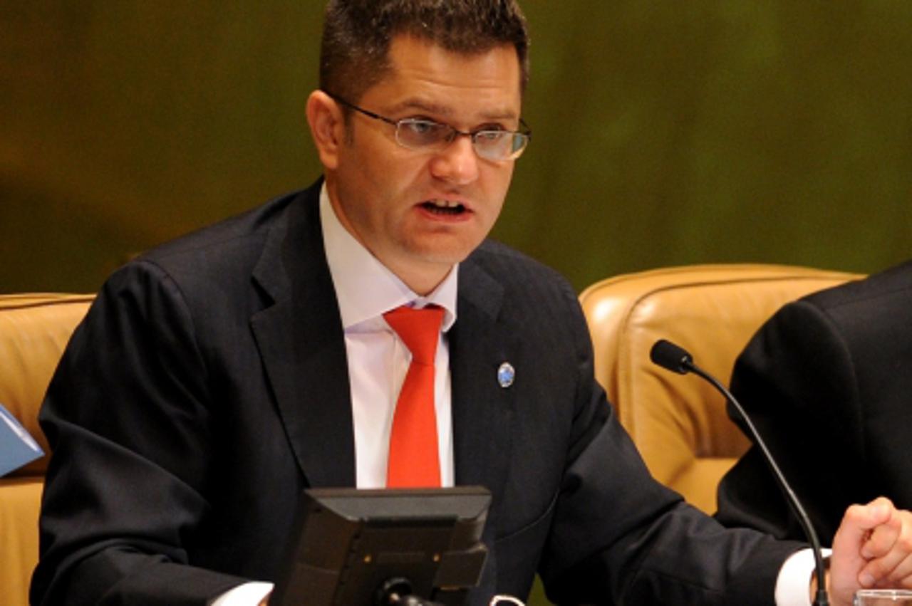 '(120924) -- NEW YORK, Sept. 24, 2012 () -- President of 67th Session of UN General Assembly Vuk Jeremic addresses the High-level Meeting on the Rule of Law at the National and International Levels at