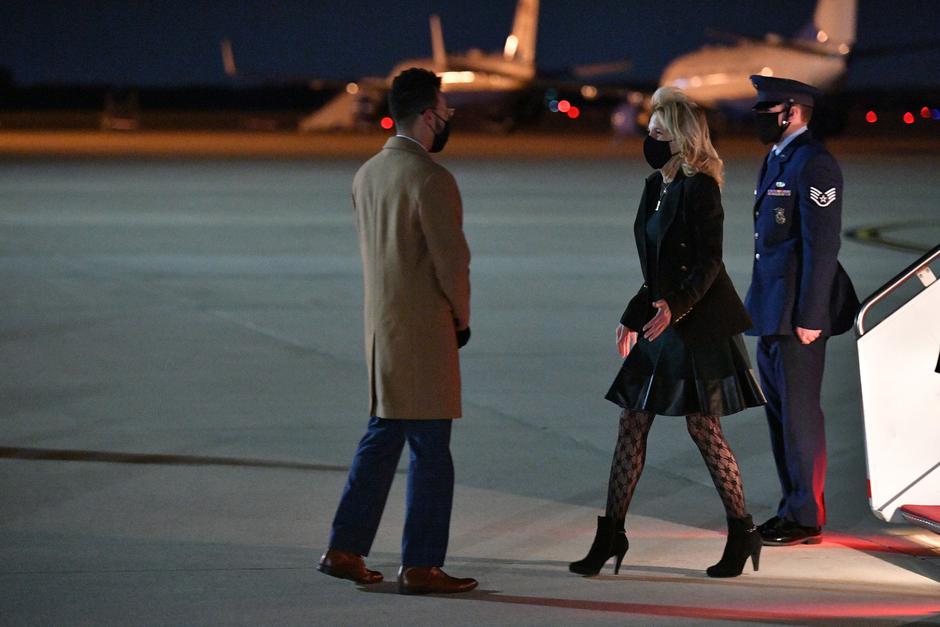 U.S. First Lady Jill Biden deplanes upon arrival at Andrews Air Force Base in Maryland