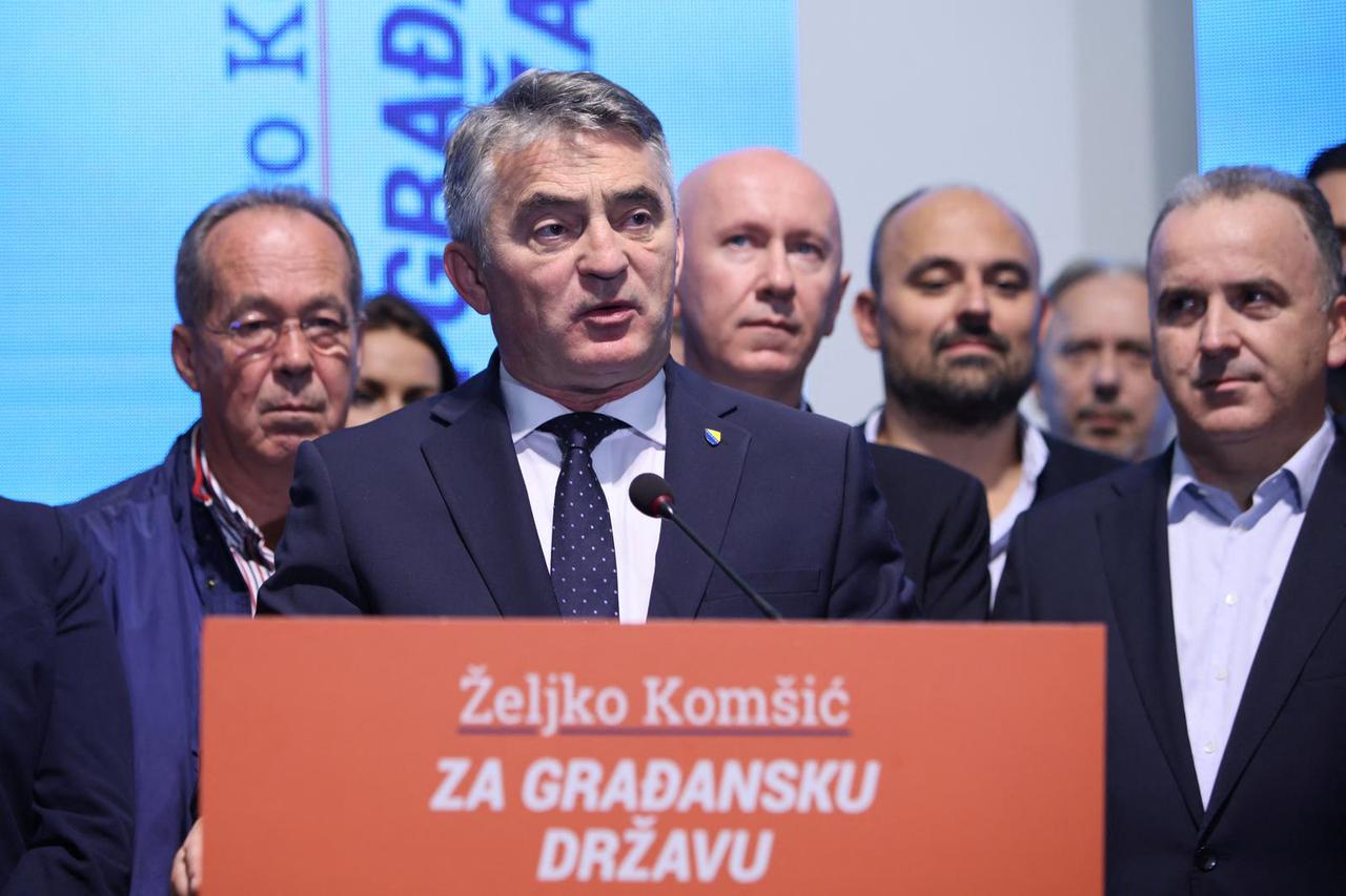 Zeljko Komsic of Democratic Front (DF) and Croat candidate for the tripartite Bosnian presidency, speaks during news conference after presidential and parliamentary elections in Sarajevo