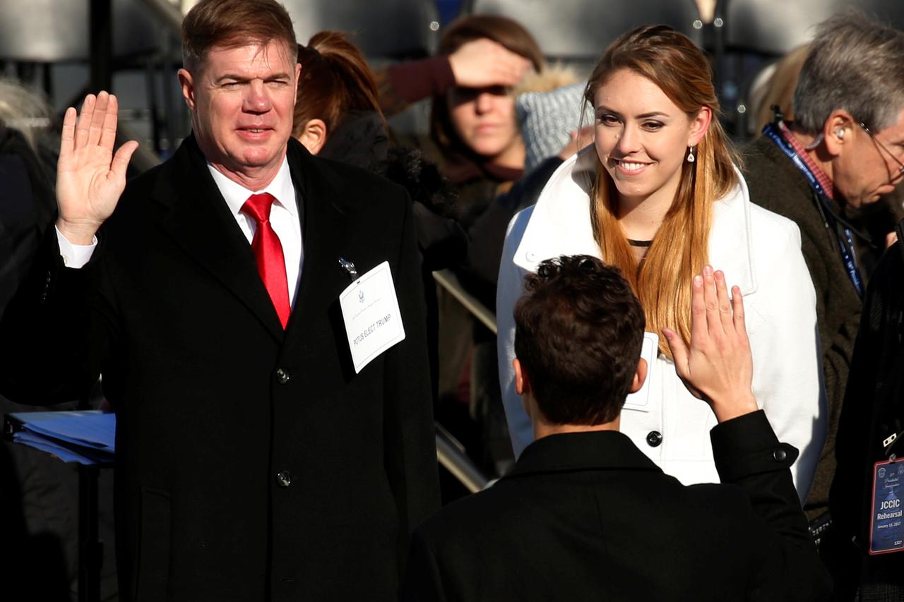Stand-ins for President-elect Donald Trump and his wife Melania rehearse the swearing-in ceremony portion of the inauguration at the U.S. Capitol in Washington, U.S. January 15, 2017. Army SGM Gregory Lowery and SPC Sara Corry are the stand-ins for the Tr