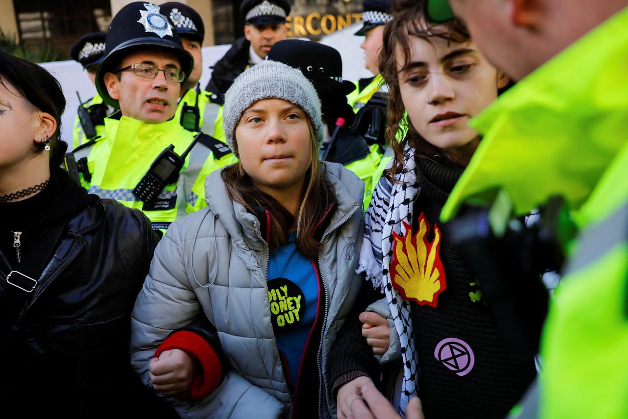Swedish climate campaigner Greta Thunberg attends an Oily Money Out and Fossil Free London protest in London