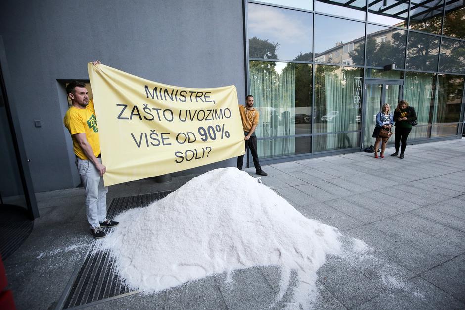 Zagreb: Ivan Vilibor Sinčić i članovi Živog zida istovarili 300 kg soli ispred Ministarstva gospodarstva