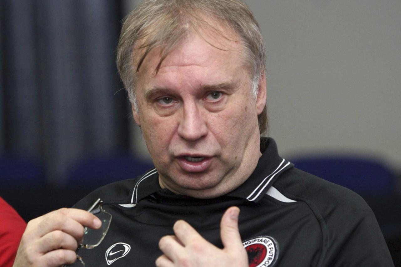 'Albania\'s national soccer team head coach Josip Kuze speaks during a news conference in Durres, some 40 km (25 miles) from capital Tirana, March 2, 2010. Albania will play an international friendly 
