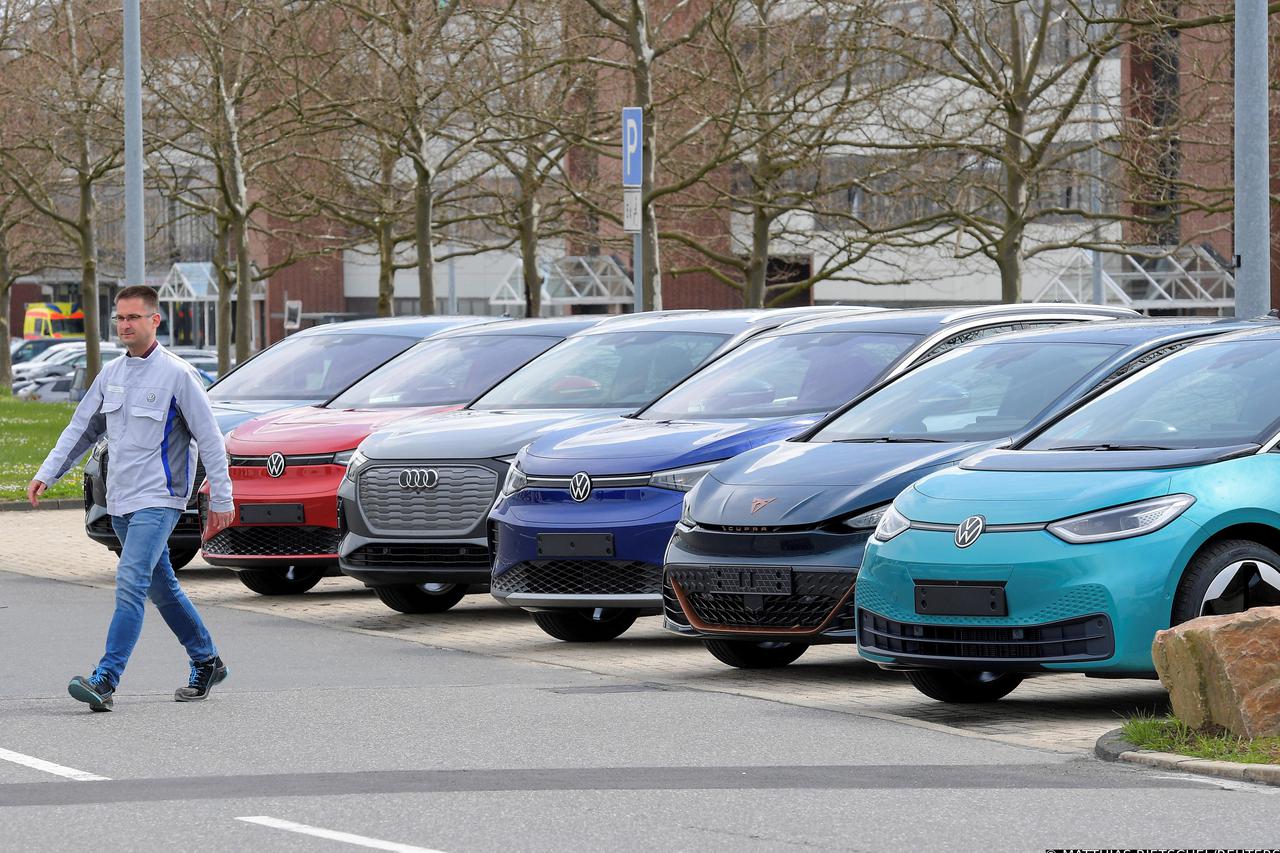 Electric car models of the Volkswagen Group are parked outside the company's production plant, in Zwickau