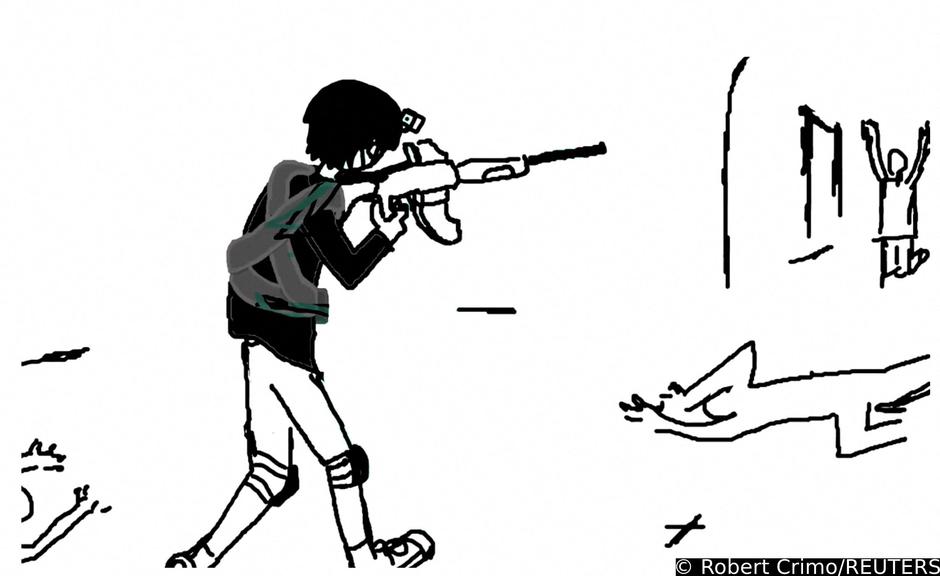 A drawing of a person holding a gun is seen in this still image taken from a video uploaded by Robert (Bob) E. Crimo III