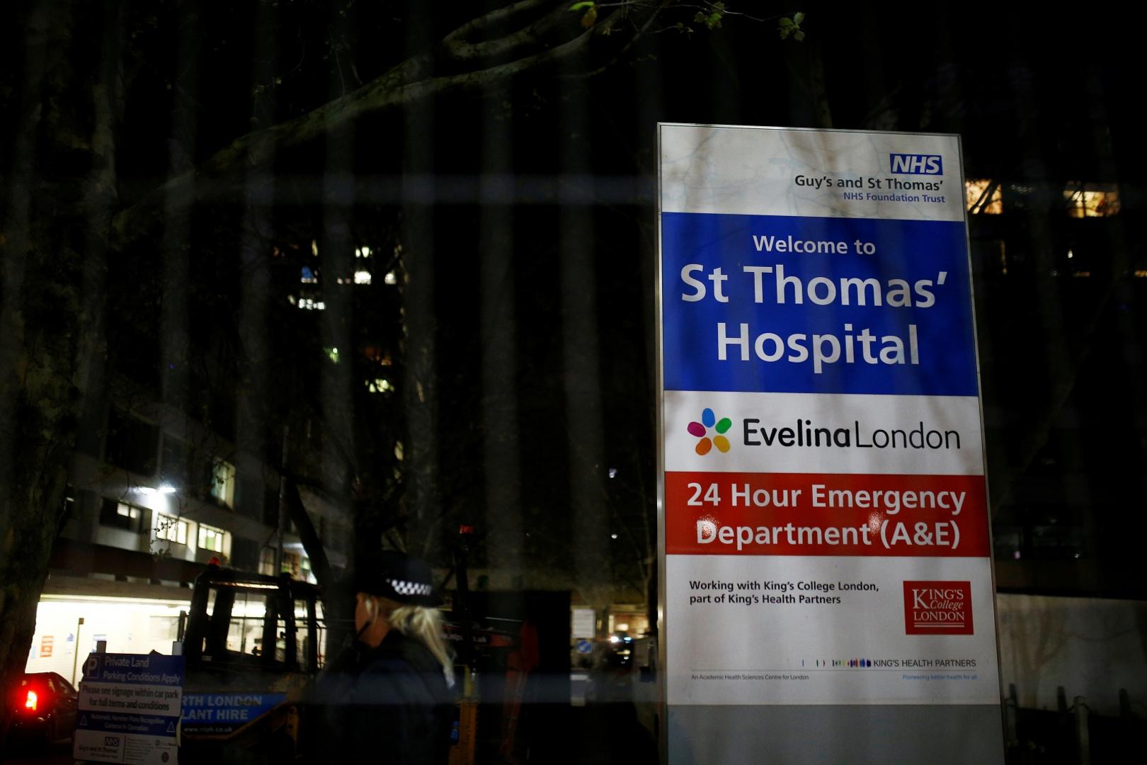 A police officer is seen in the St Thomas' Hospital after British Prime Minister Boris Johnson was moved to intensive care A police officer is seen in the St Thomas' Hospital after British Prime Minister Boris Johnson was moved to intensive care after his coronavirus (COVID-19) symptoms worsened and has asked Foreign Secretary Dominic Raab to deputise. London, Britain, April 6, 2020. REUTERS/Henry Nicholls HENRY NICHOLLS