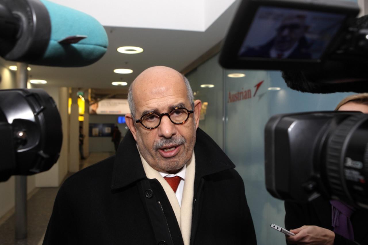 'Prominent Egyptian reform campaigner Mohamed ElBaradei talks to journalists before leaving Vienna to Cairo at the Vienna airoirt, January 27, 2011. ElBaradei said he expected large demonstrations acr