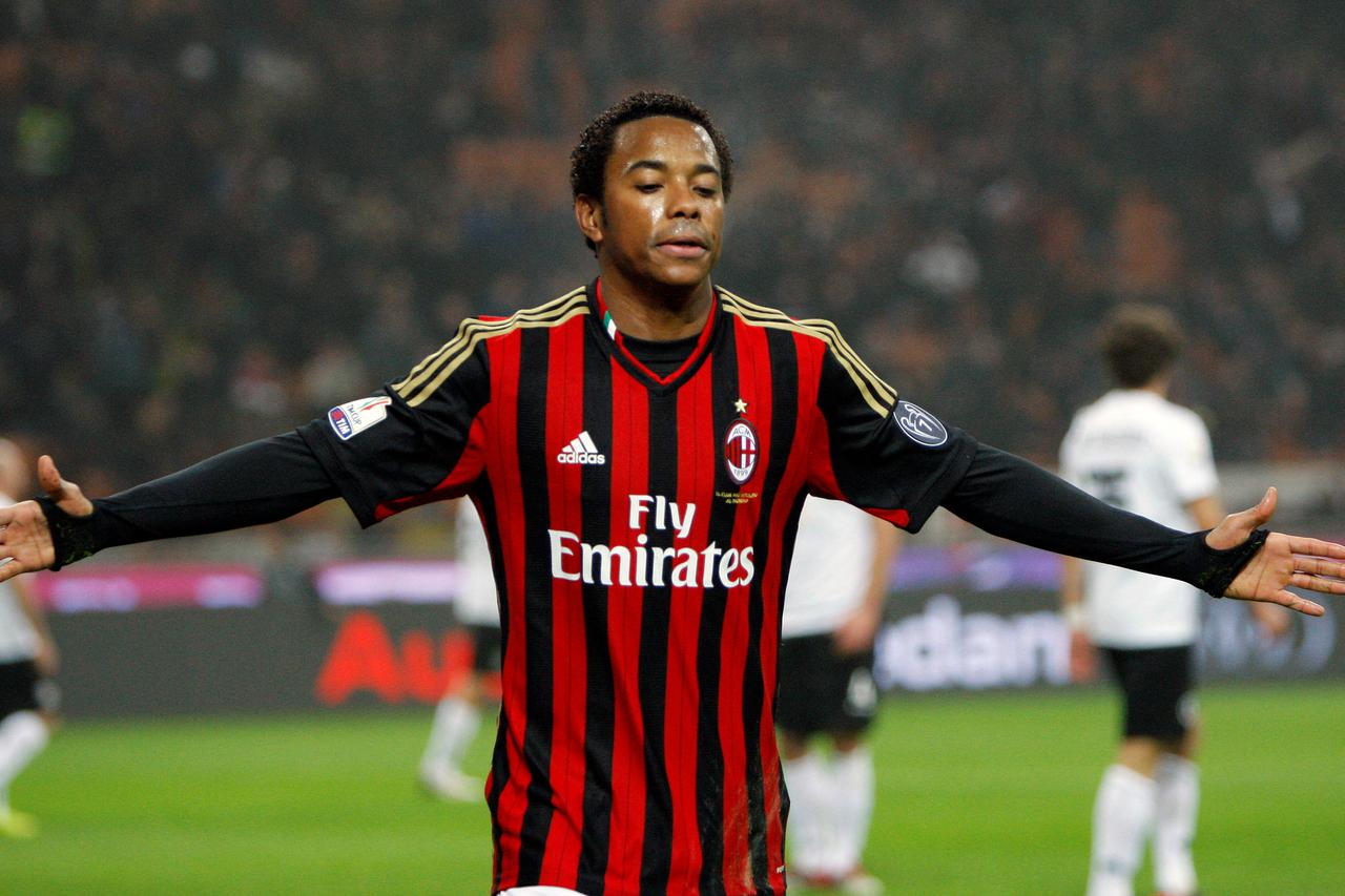 FILE PHOTO: AC Milan's Robinho celebrates after scoring against Spezia during their Italian Cup match in Milan