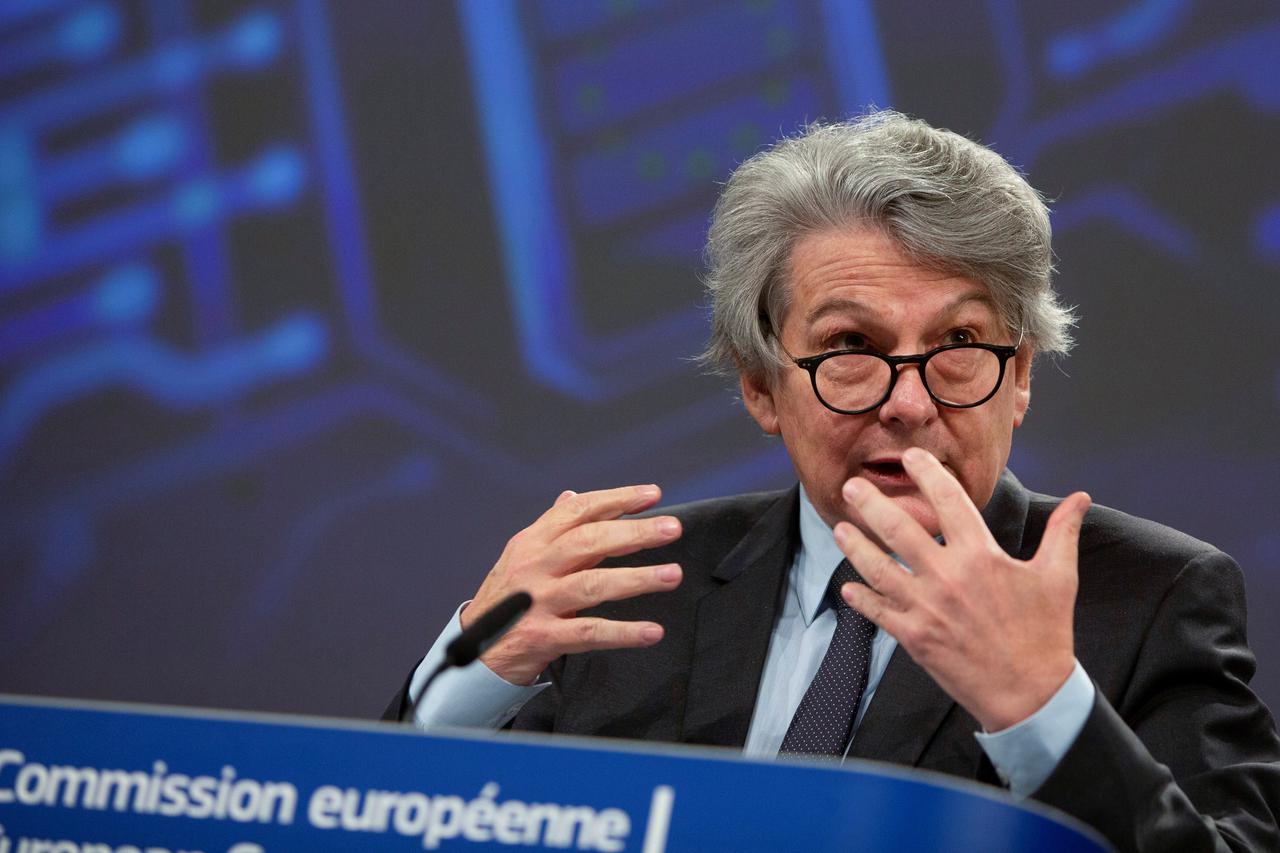 European Commissioner for Internal Market Thierry Breton attends a news conference in Brussels