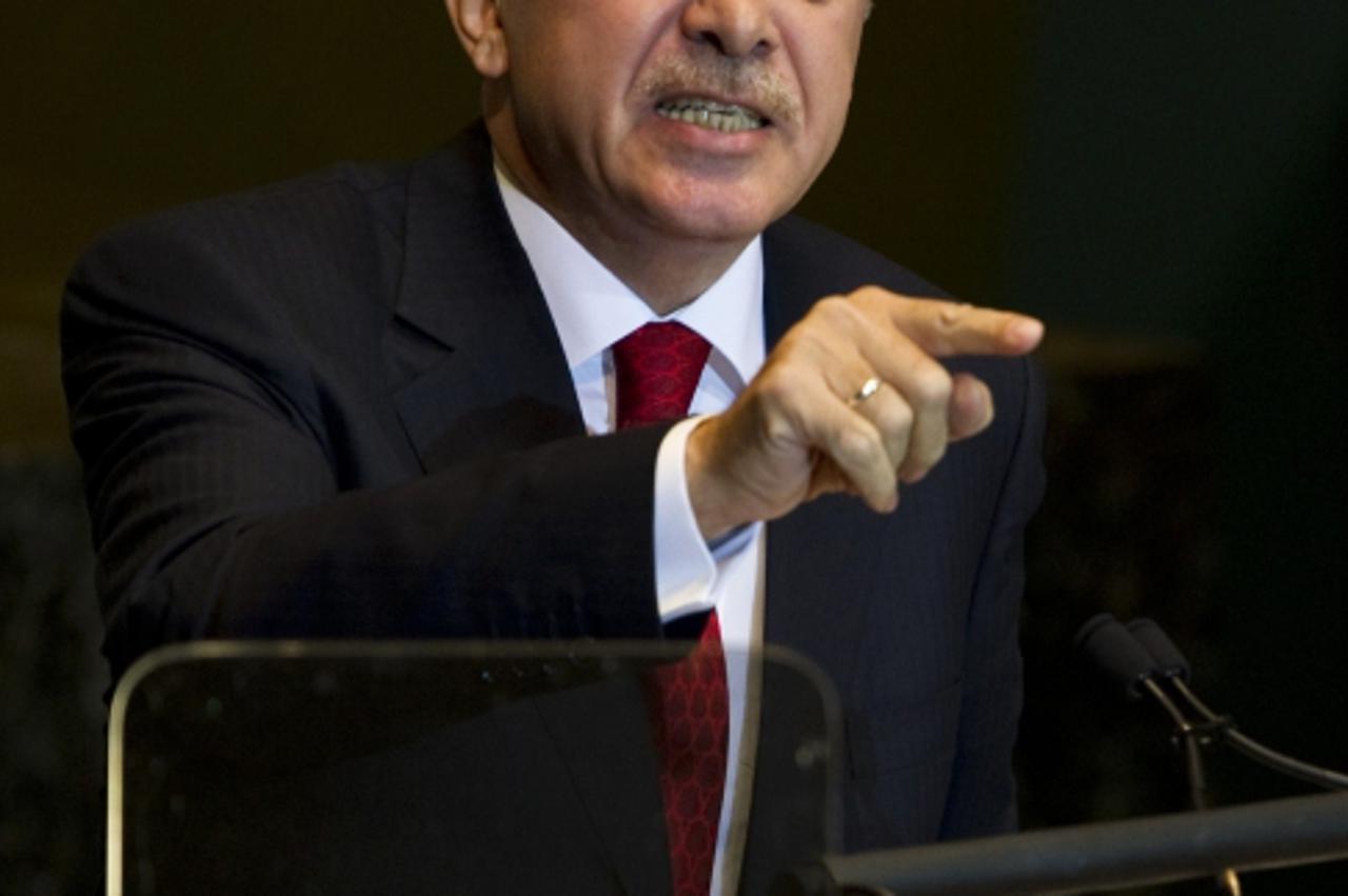 'Recep Tayyip Erdogan, Prime Minister of the Republic of Turkey, addresses of the General Debate of the 66th General Assembly session September 22, 2011 at the United Nations in New York. AFP PHOTO / 